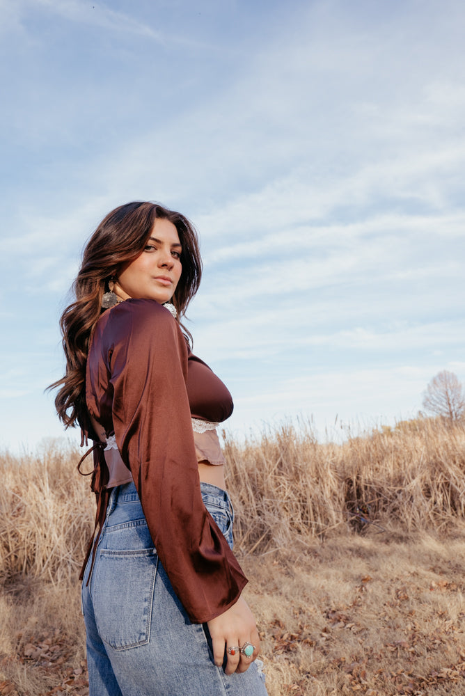 Brown Long Sleeve Lace Detail Top