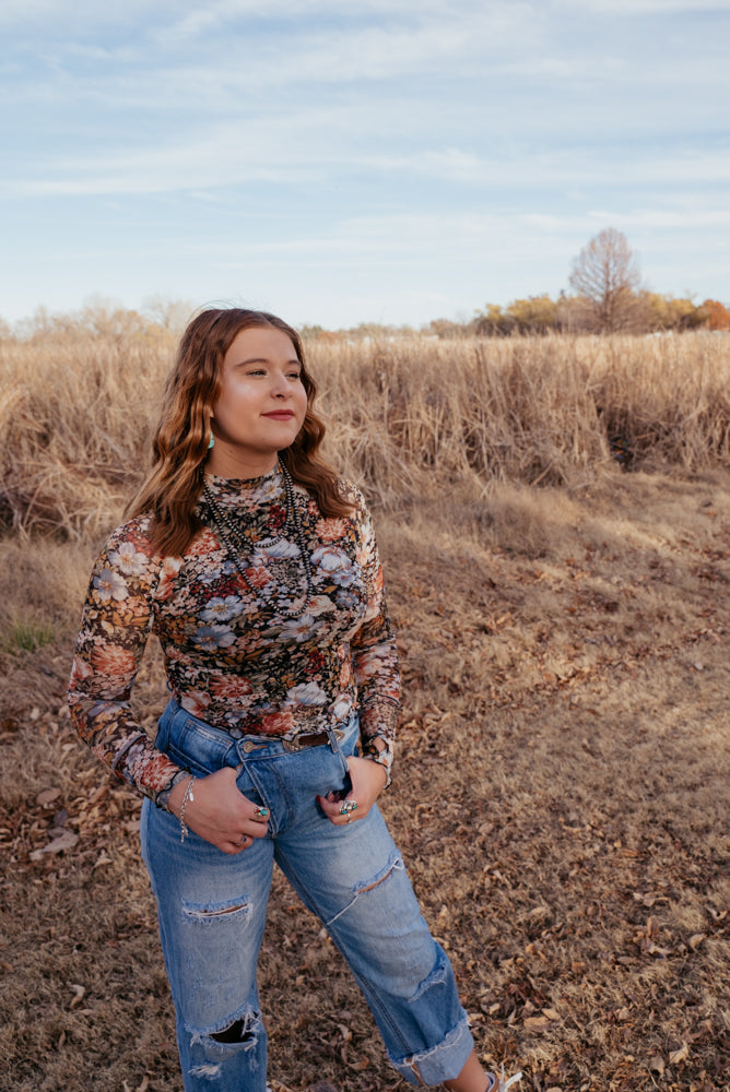 Floral Long Sleeve Mesh Top