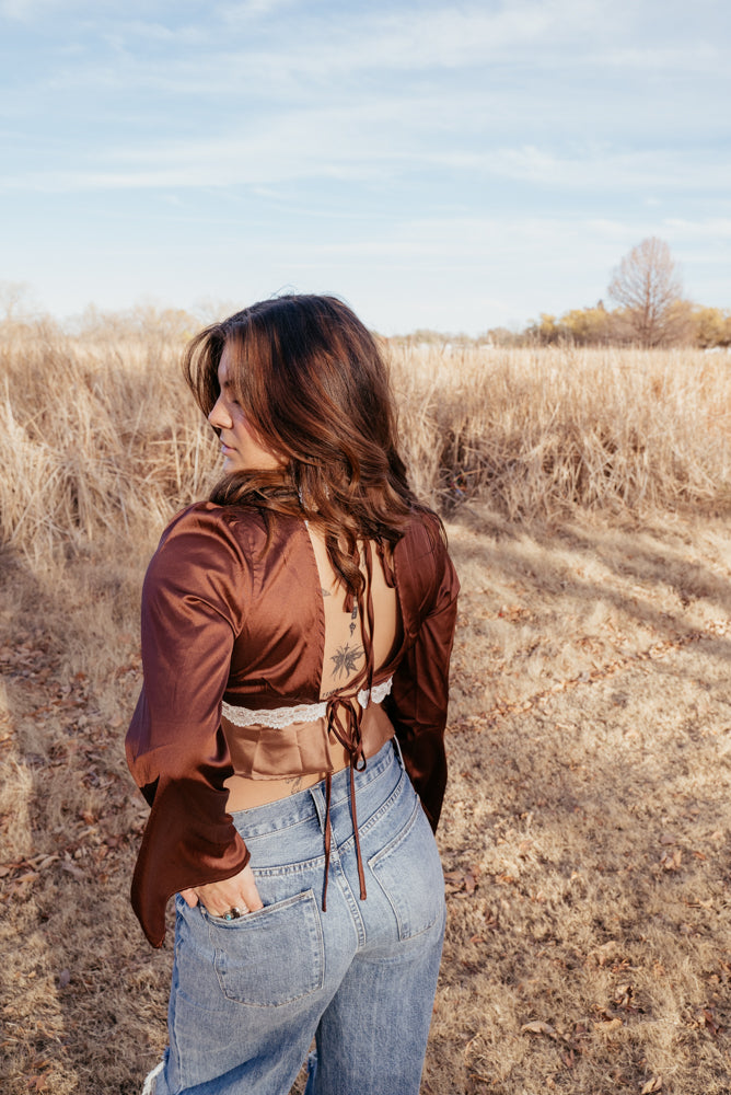 Brown Long Sleeve Lace Detail Top