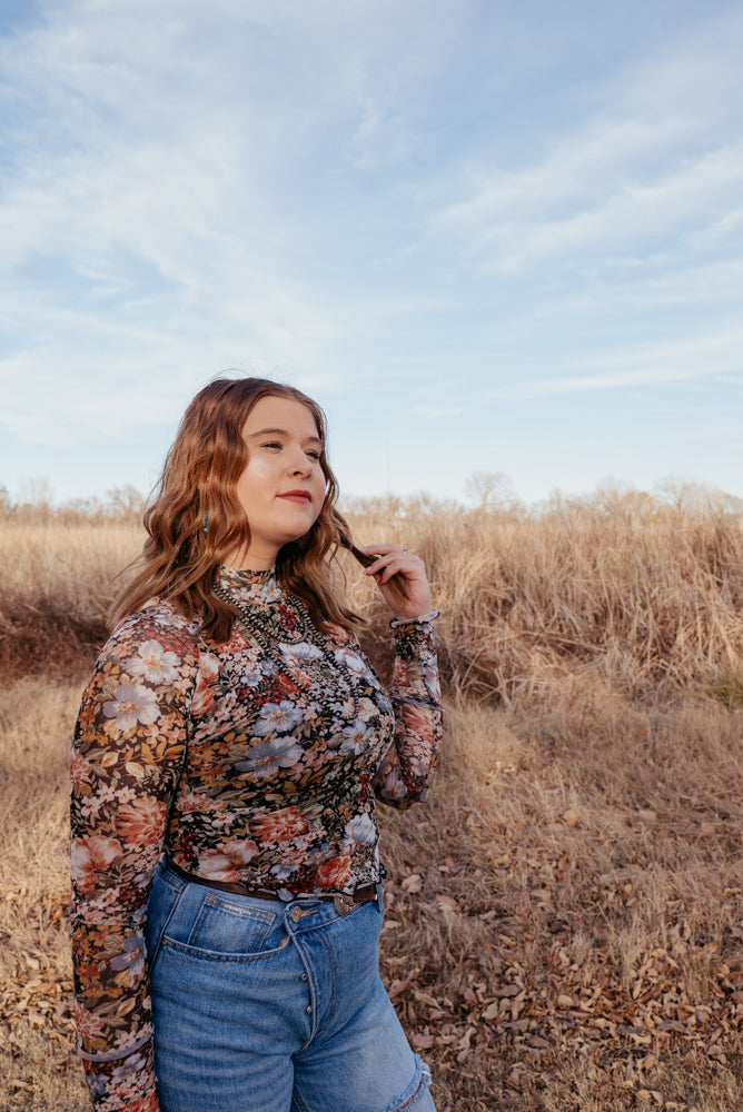 Floral Long Sleeve Mesh Top