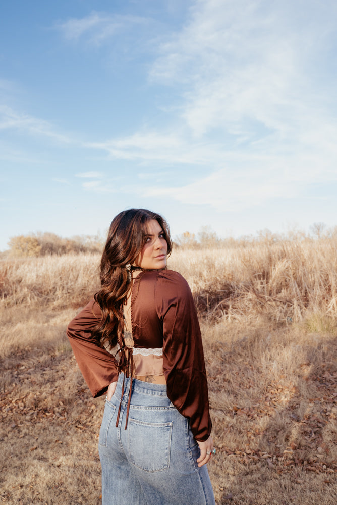 Brown Long Sleeve Lace Detail Top