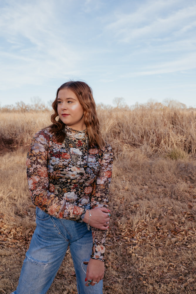 Floral Long Sleeve Mesh Top